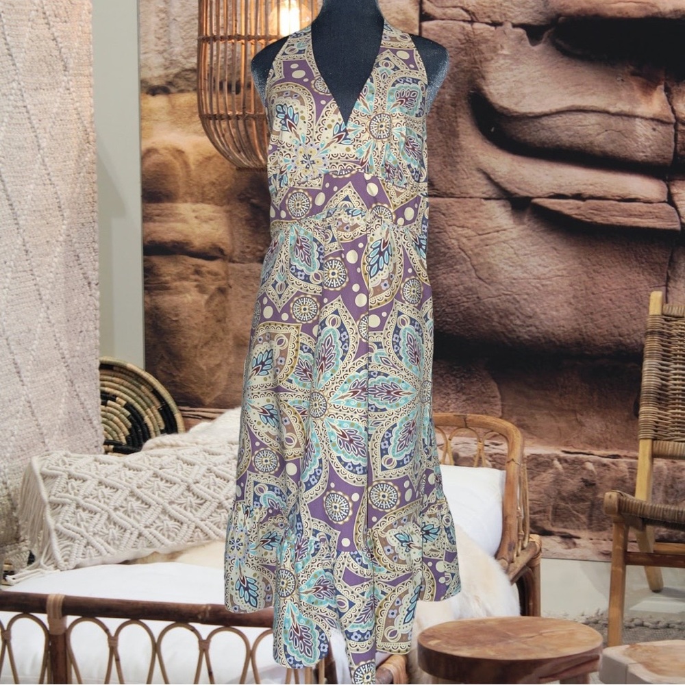 Boho flirty halter top midi groovy print ruffle hem open back